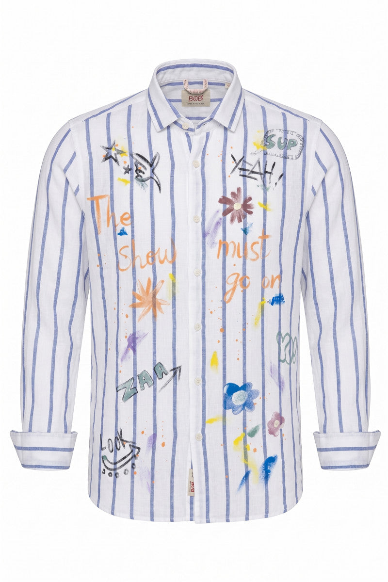 LOP516 ハンドペイントストライプリネンシャツ / INDACO インディゴブルーストライプ