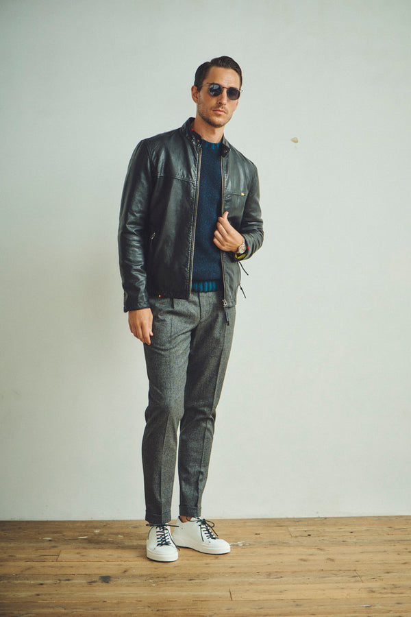 ハンドステッチシングルライダースレザージャケット / Col:BLACK ステッチカラーYELLOW