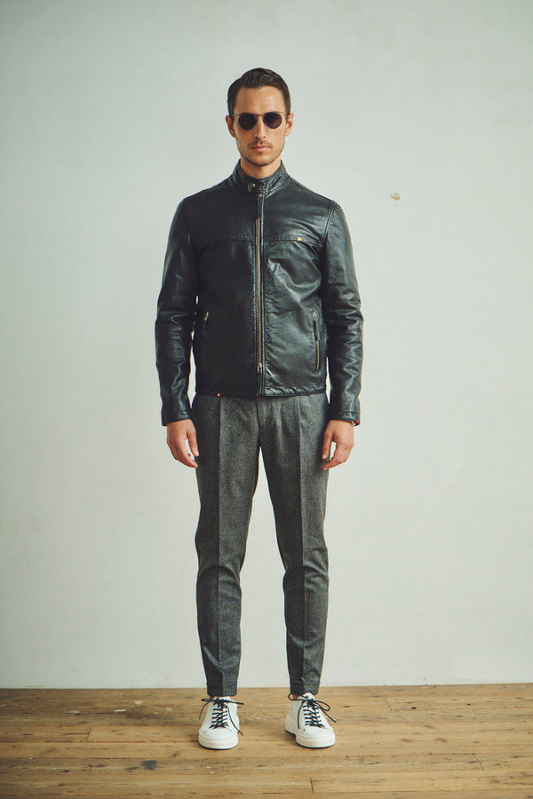 ハンドステッチシングルライダースレザージャケット / Col:BLACK ステッチカラーYELLOW