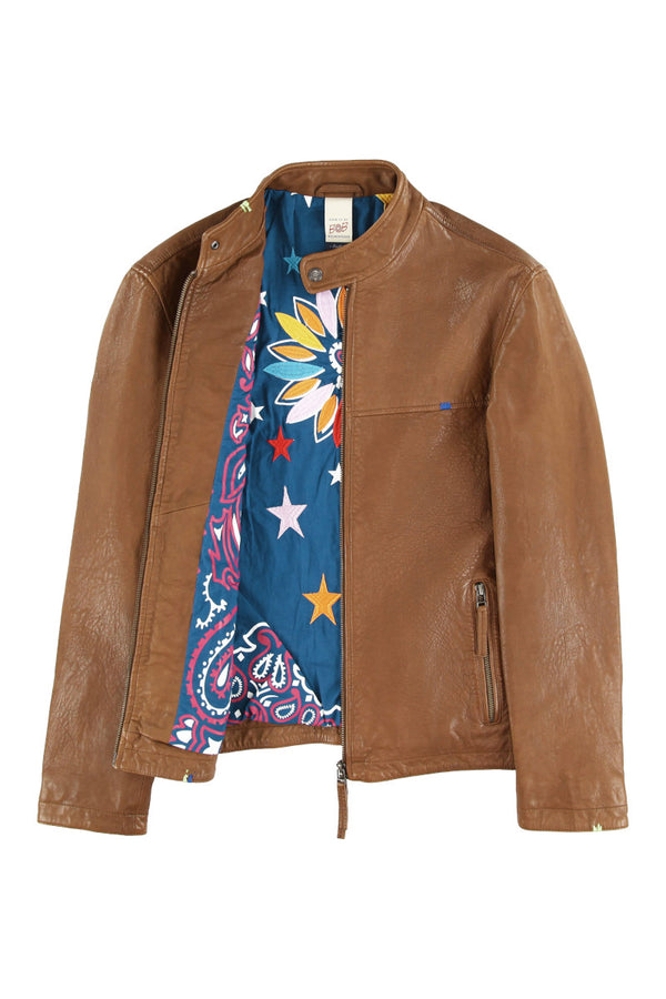 ハンドステッチシングルライダースレザージャケット / Col:BROWNステッチカラーBLUE