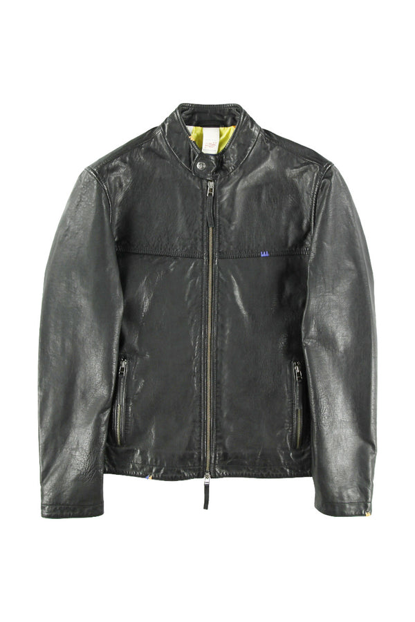 ハンドステッチシングルライダースレザージャケット / Col:BROWNステッチカラーBLUE