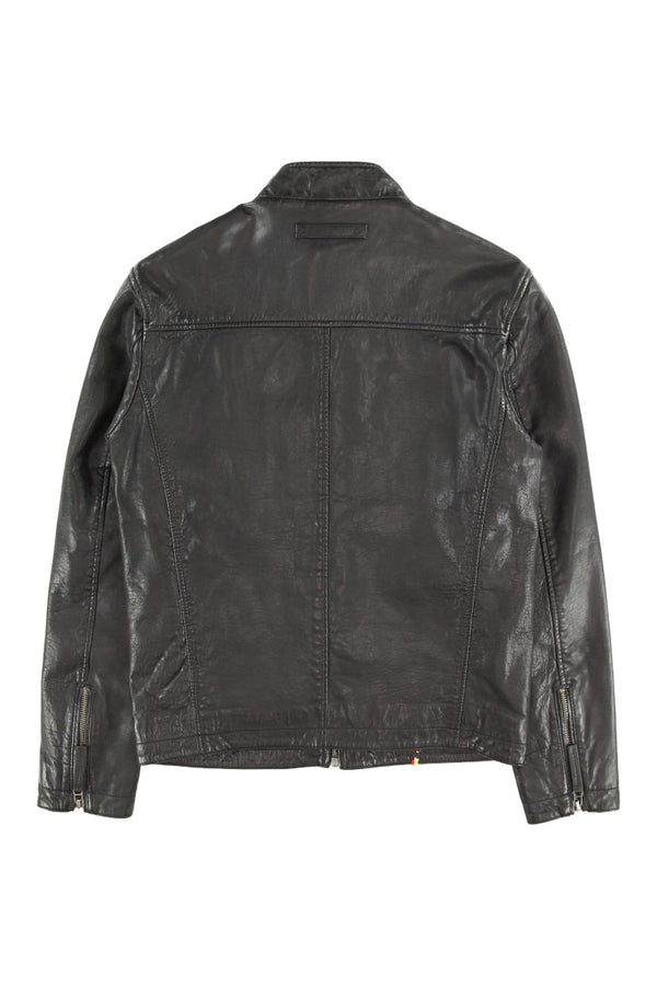 ハンドステッチシングルライダースレザージャケット / Col:BROWNステッチカラーBLUE