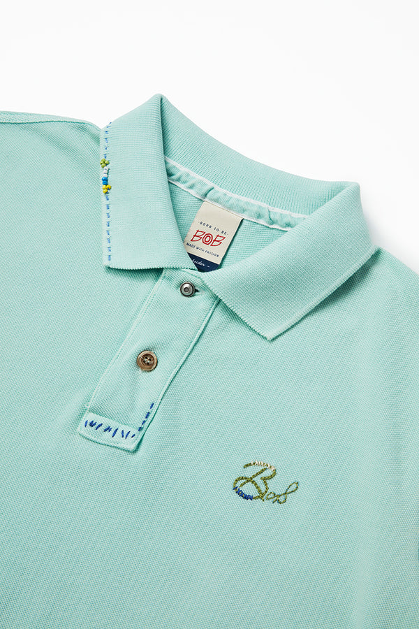 ワンポイントロゴ ハンドステッチポロシャツ Polo Shirt / CoL:ACQUA アクアブルー