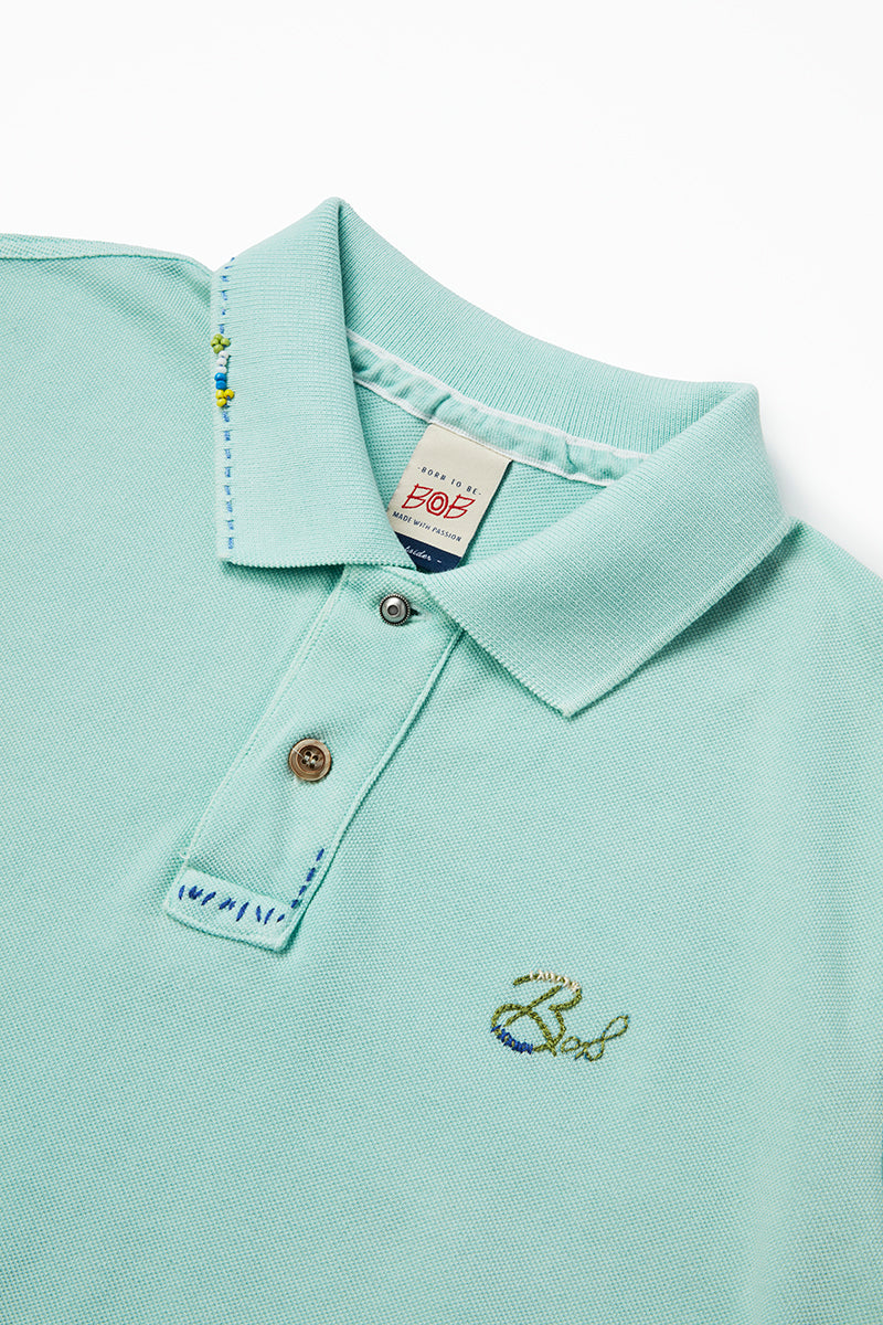 ワンポイントロゴ ハンドステッチポロシャツ Polo Shirt / CoL:ACQUA アクアブルー