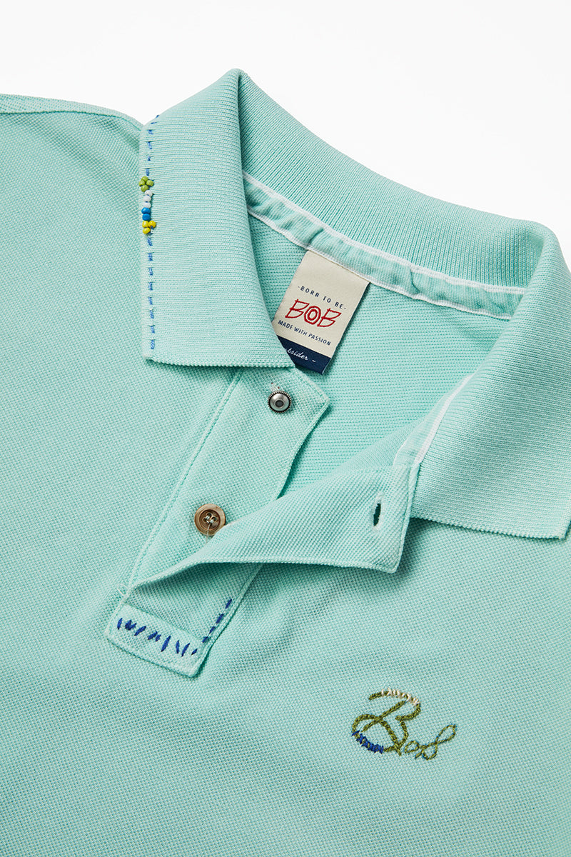 ワンポイントロゴ ハンドステッチポロシャツ Polo Shirt / CoL:ACQUA アクアブルー
