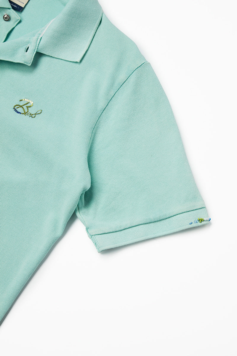 ワンポイントロゴ ハンドステッチポロシャツ Polo Shirt / CoL:ACQUA アクアブルー