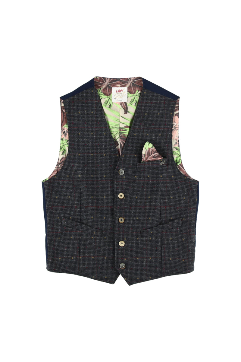 シャドウチェック & ドットパターン ジレ / Col:BLU ネイビー系