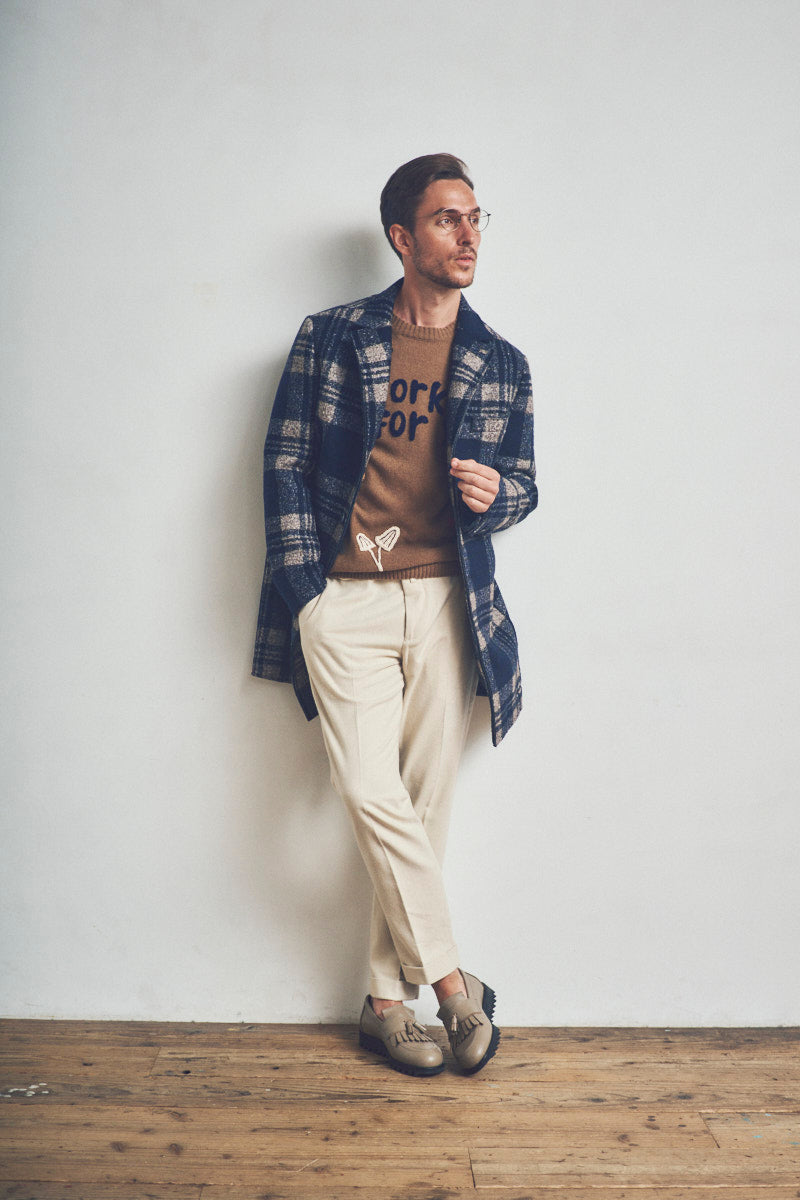 A.P.C チェスターコート　ネイビーチェック ANDY179 シルクブレンドチェックパターンチェスターコート / COL：VAR1