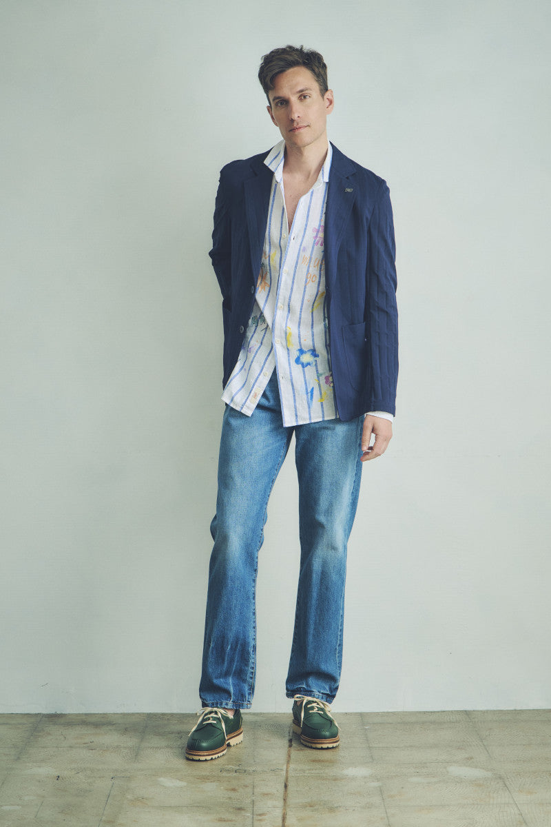 LOP516 ハンドペイントストライプリネンシャツ / INDACO インディゴブルーストライプ