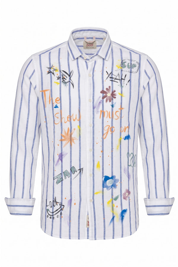 LOP516 ハンドペイントストライプリネンシャツ / INDACO インディゴブルーストライプ