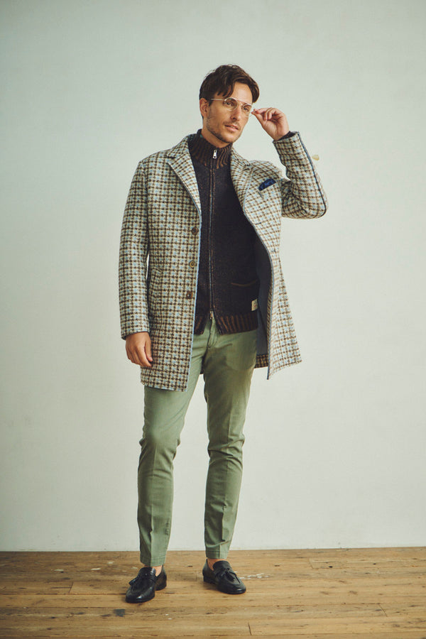 レトロパターンボンディングチェスターコート / Col：VAR2 ブラウン系