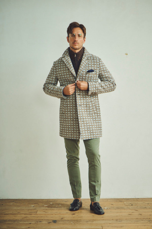 レトロパターンボンディングチェスターコート / Col：VAR2 ブラウン系