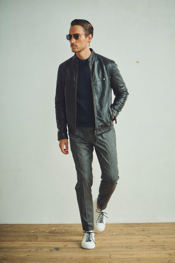 ハンドステッチシングルライダースレザージャケット / Col：BLACK ステッチカラーYELLOW