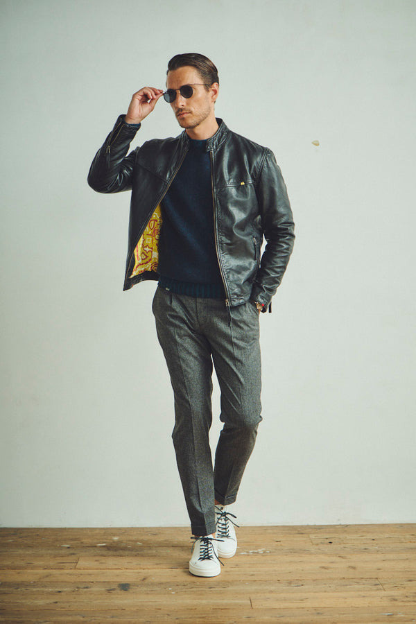 ハンドステッチシングルライダースレザージャケット / Col：BLACK ステッチカラーYELLOW