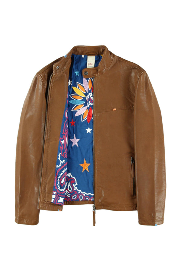 ハンドステッチシングルライダースレザージャケット / Col：BROWNステッチカラーBLUE