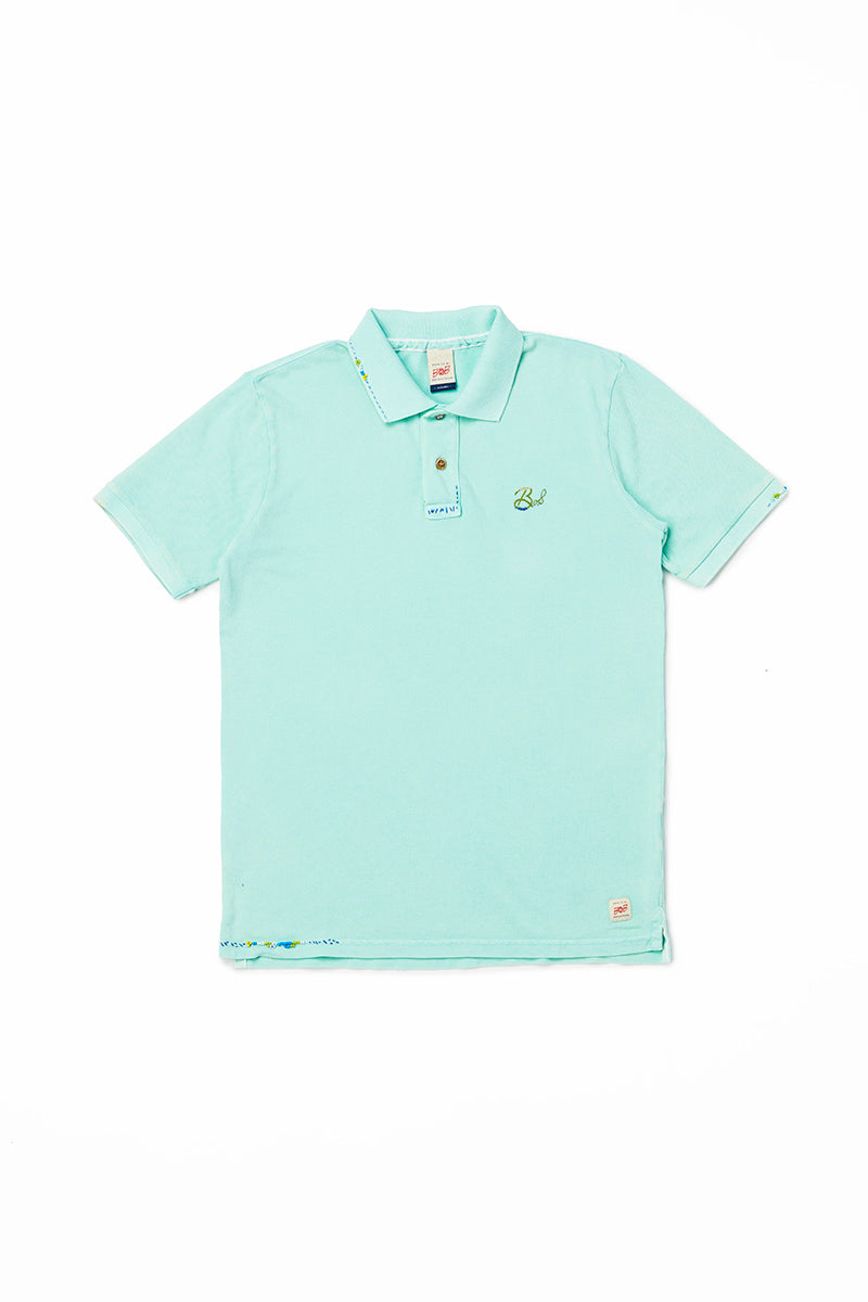 ワンポイントロゴ ハンドステッチポロシャツ Polo Shirt / CoL：ACQUA アクアブルー