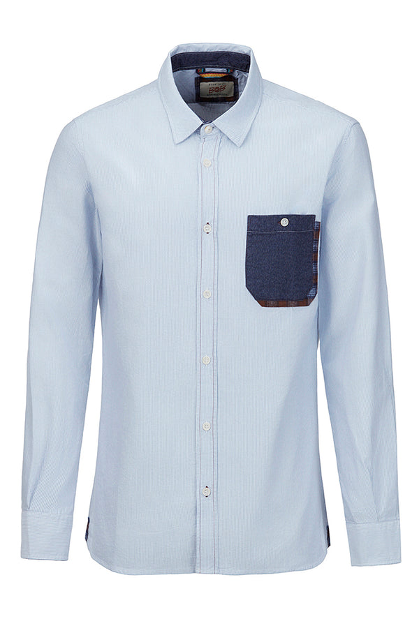 HALF100 コンビネーションポケットストライプシャツ / COL：CELESTE ブルー系