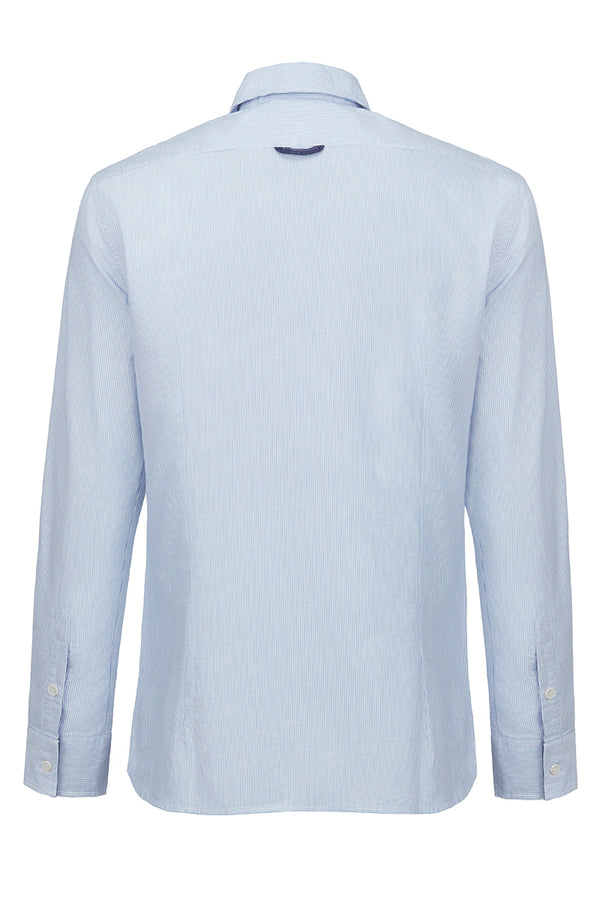 HALF100 コンビネーションポケットストライプシャツ / COL：CELESTE ブルー系