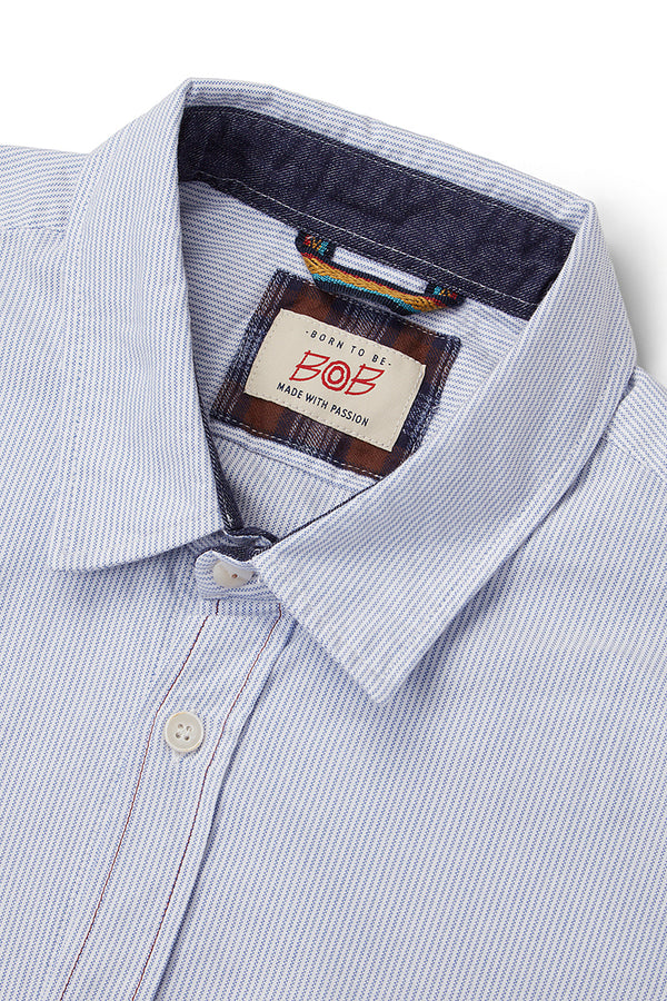 HALF100 コンビネーションポケットストライプシャツ / COL：CELESTE ブルー系