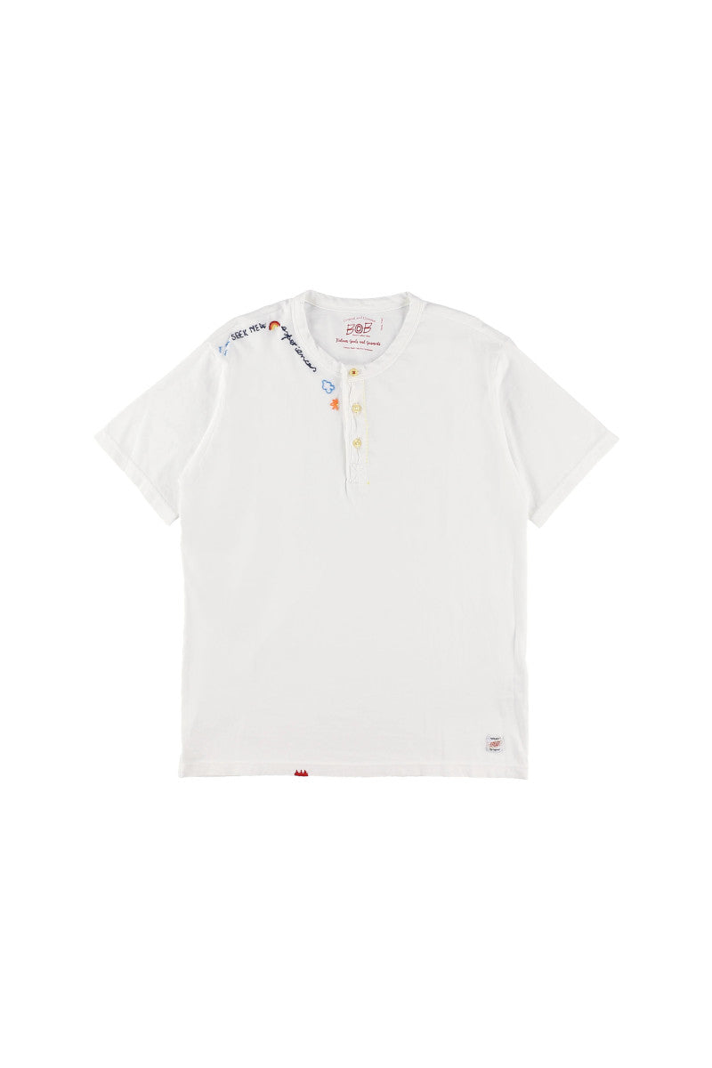 エンブロイダリーヘンリーネックTシャツ / Col：BIANCO